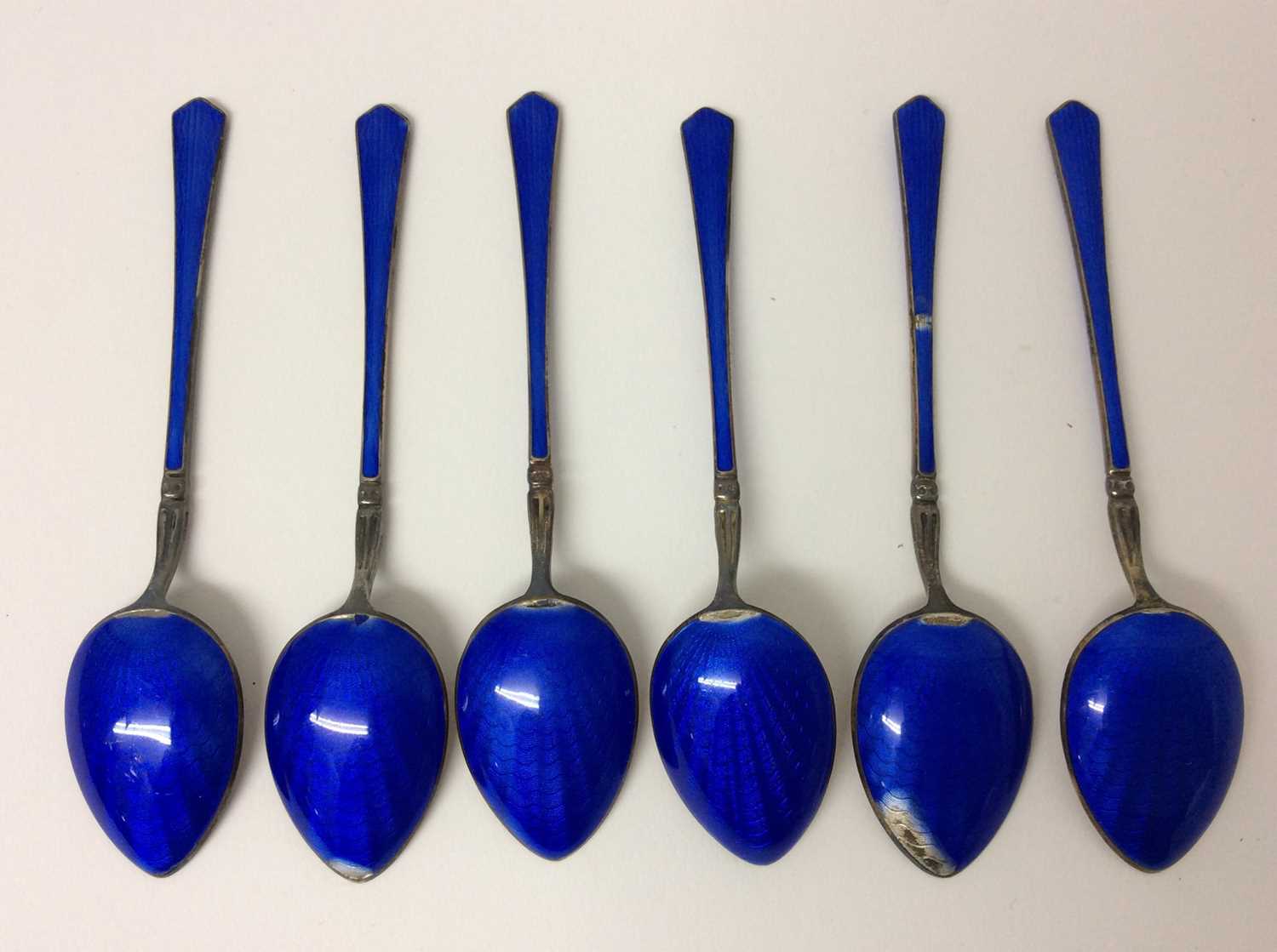 Set of six Norwegian silver and blue guilloche enamel spoons in fitted case - Image 2 of 4