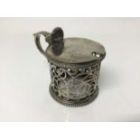 Victorian silver mustard pot with pierced foliate body and beaded borders, hinged lid with engraved