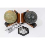 Pair 1950s Philips terrestrial and celestial globe bookends on ebonised walnut stands 17 cm long and