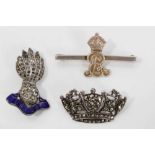 Lady's silver and marcasite Naval mural crown brooch, Royal Engineers paste set sweetheart brooch an