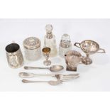 Mixed group of silver to include pedestal mustard pot, silver mounted toiletry jars, christening mug