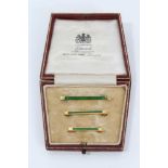 Set of three good quality Edwardian 15ct gold and green enamel graduated collar/ tie bars in origina