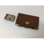 Gold mounted crocodile skin wallet with pencil, three 18ct studs and yellow metal cuff links