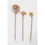 Late Victorian 9ct gold anchor stickpin and two gold mounted stickpins (3)