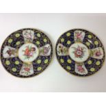 Pair of early 19th century English porcelain botanical dessert plates on blue and gilt ground