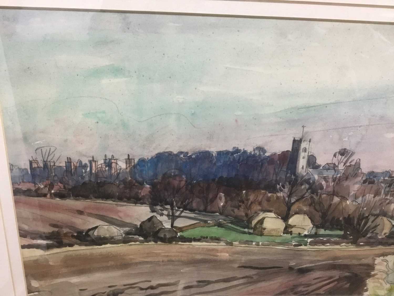 Roland Suddaby (1912-1972) watercolour, landscape, possibly towards Framingham, signed, 36 x 63cm - Image 2 of 6