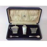 Mappin & Webb Art Deco silver three piece cruet in original fitted case, 4ozs