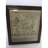 Charming 1920s needlework sampler depicting nursery rhymes, in glazed rosewood veneered frame