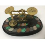 Victorian pietra dura inlaid postal scales, oval form with specimen stone inlaid borders with four g