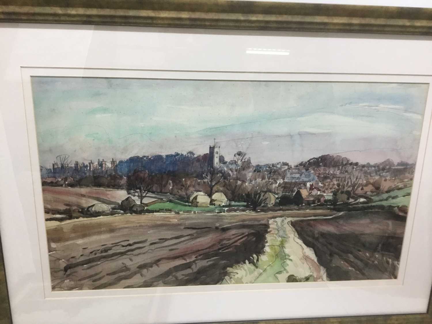 Roland Suddaby (1912-1972) watercolour, landscape, possibly towards Framingham, signed, 36 x 63cm - Image 6 of 6