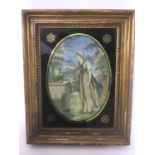 Georgian oval silkwork panel - classical lady in landscape, in verre eglomise gilt frame