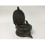 Antique Sino Tibetan bronze vessel in the form of a throne, possibly an oil lamp, 13cm high x 9cm wi