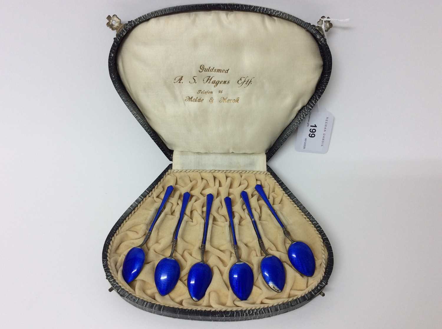 Set of six Norwegian silver and blue guilloche enamel spoons in fitted case