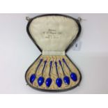 Set of six Norwegian silver and blue guilloche enamel spoons in fitted case