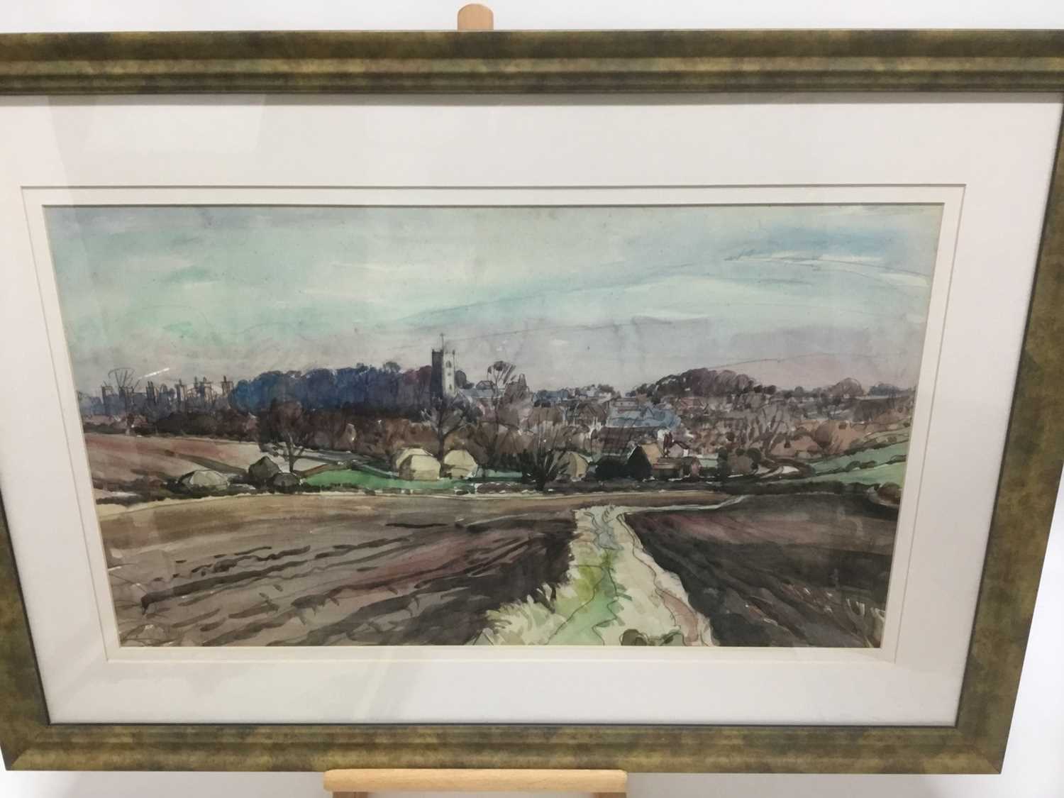 Roland Suddaby (1912-1972) watercolour, landscape, possibly towards Framingham, signed, 36 x 63cm