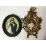 19th century Berlin style hand painted porcelain plaque in carved florentine gilt wood frame, togeth