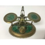 Victorian gothic malachite and brass postal scales, oval form, 20cm wide