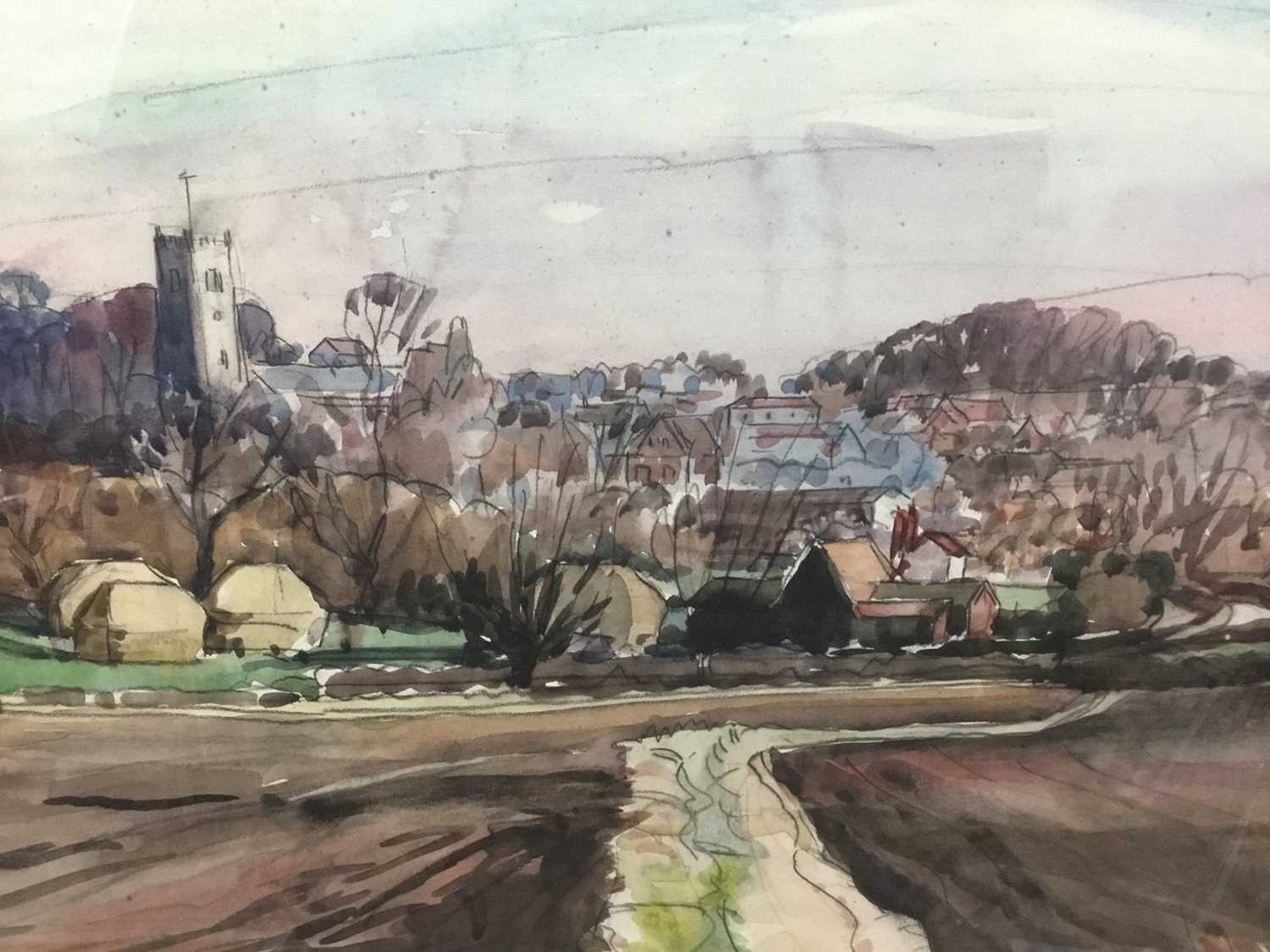 Roland Suddaby (1912-1972) watercolour, landscape, possibly towards Framingham, signed, 36 x 63cm - Image 5 of 6
