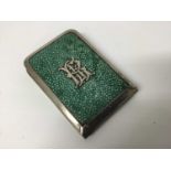 Victorian silver mounted shagreen aide memoire with leather and silk covered interior and applied si