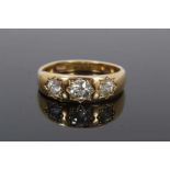Victorian diamond three stone gypsy ring with three old cut diamonds in star shape gypsy setting on