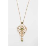 Edwardian 9ct gold peridot and seed pearl pendant on chain