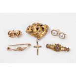 Group of jewellery to include three Victorian brooches, two pairs of earrings and a gold cross penda
