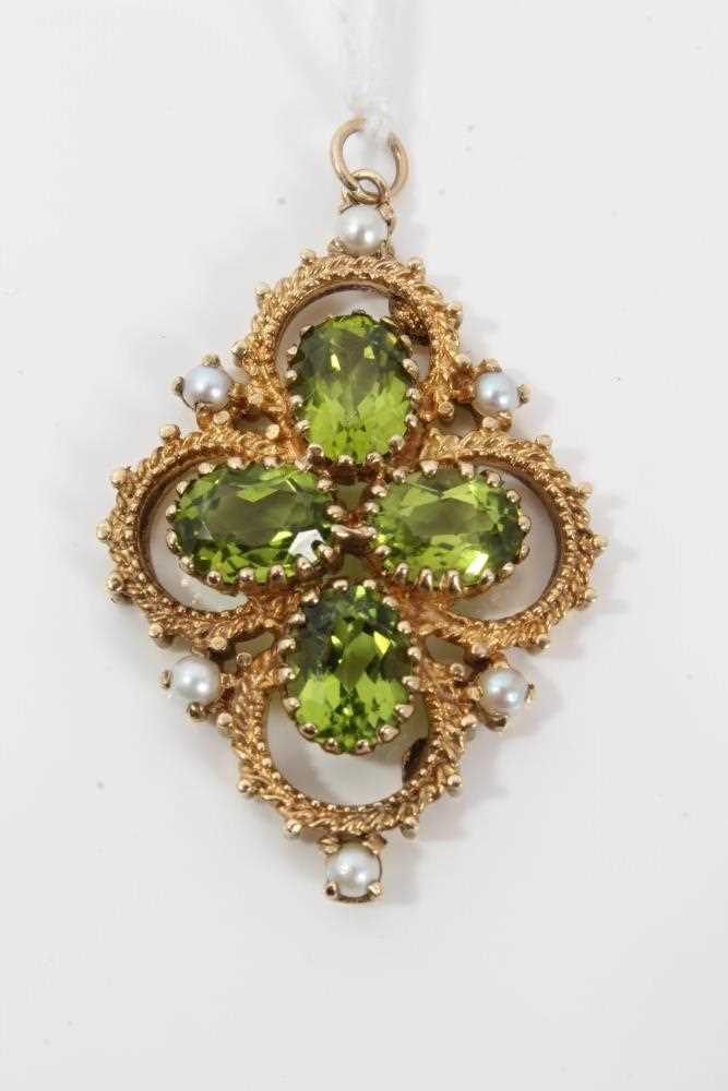 Victorian style 9ct gold peridot and cultured pearl pendant of quatrefoil form with four oval mixed