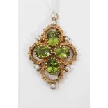 Victorian style 9ct gold peridot and cultured pearl pendant of quatrefoil form with four oval mixed