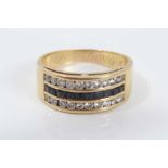 yellow gold (unmarked) triple row ring set with diamonds and sapphires