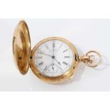Gentleman's 18ct gold Waltham Hunter chronometer pocket watch with white enamel dial , signed moveme