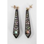 Pair of 19th century piqué work earrings with mother of pearl floral decoration, 50mm length