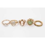Five gold and gem-set dress rings, two with synthetic white stones in 9ct gold setting, green caboch