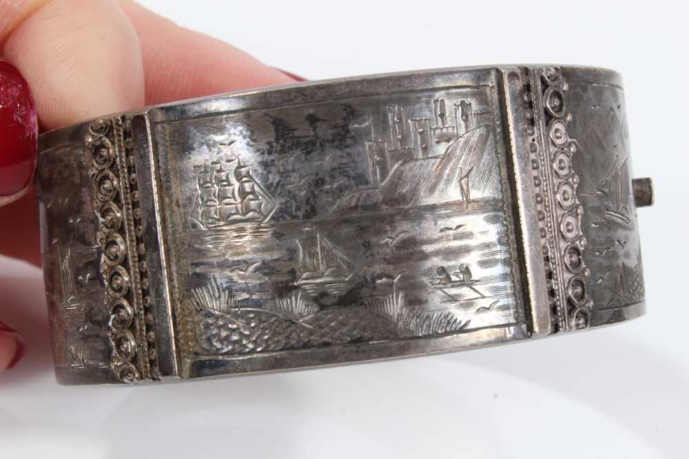 Two Victorian silver hinged bangles, one with applied and textured floral design, Birmingham 1883, t - Image 3 of 14