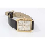 1960s Gentleman's Jaeger leCoultre 18ct gold wristwatch in square case with silvered dial on leather