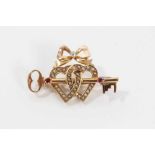 Late Victorian 15ct gold diamond, ruby and seed pearl sweetheart brooch with a gold key and two inte