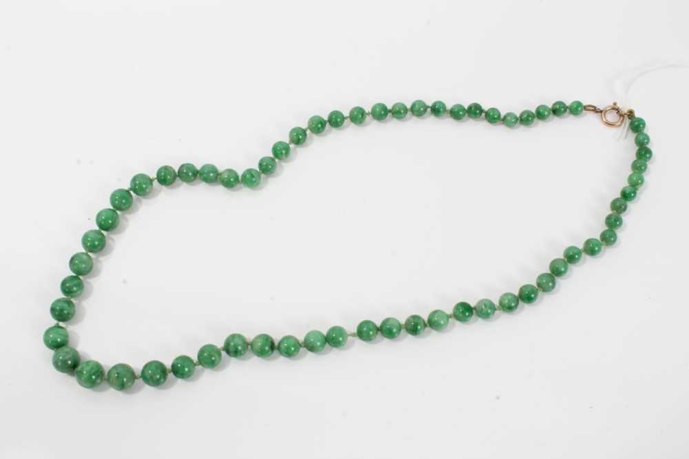 Old Chinese jade/green hardstone bead necklace with a string of graduated spherical beads measuring