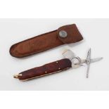 18ct gold and tortoiseshell mounted multi-combination pen knife in leather pouch