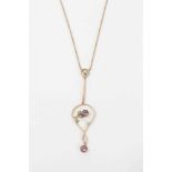 Art Nouveau amethyst and seed pearl pendant on chain