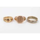 9ct gold signet ring, engraved with initials RJC, together with two further 9ct rings 13.8g