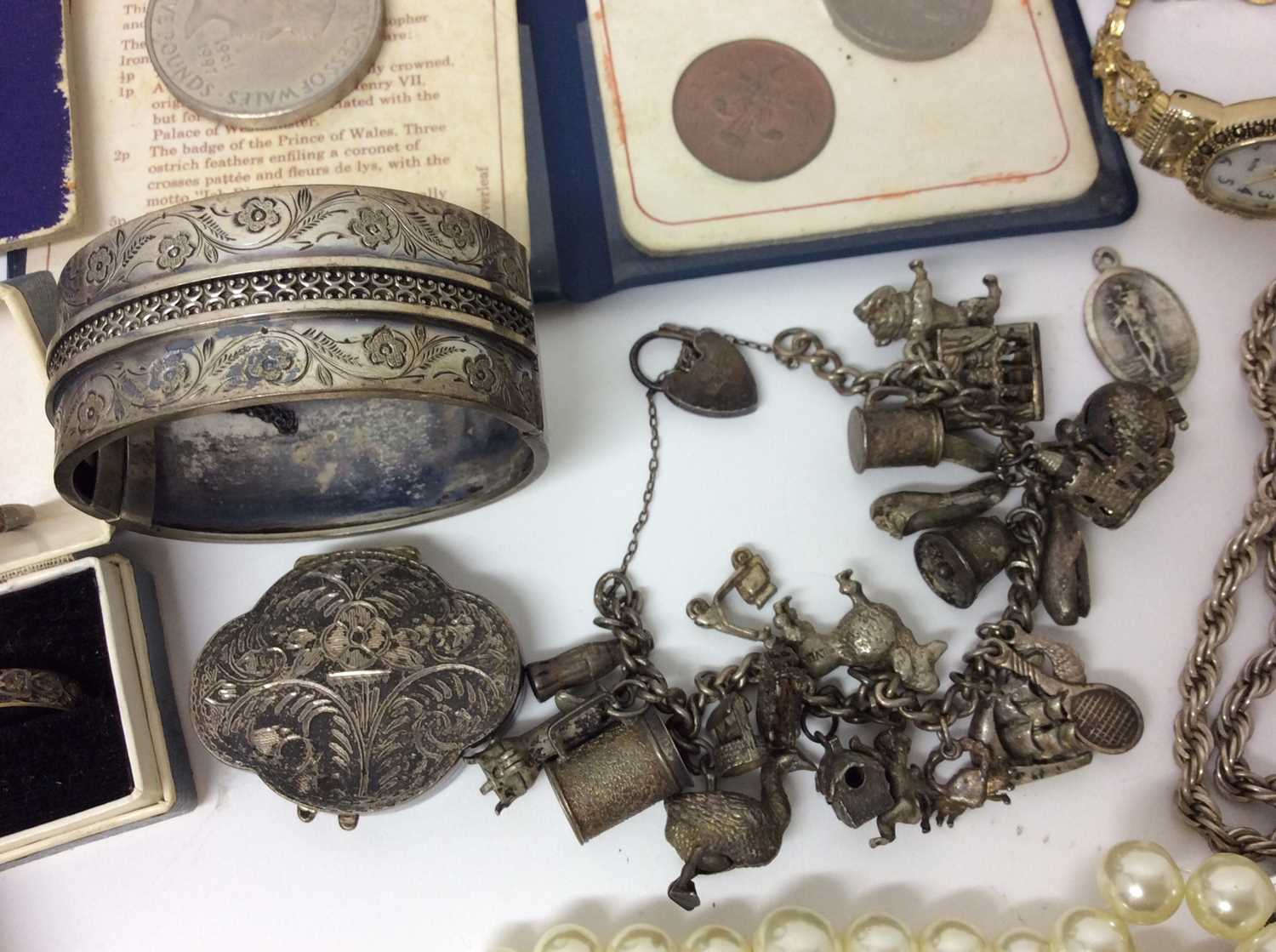 Victorian silver hinged bangle, silver charm bracelet and costume jewellery, miscellaneous coins and - Image 2 of 7