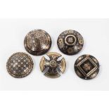 Group of five 19th century tortoishell piqué work brooches various, with floral and lattice work dec