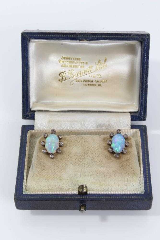 Pair of antique opal and diamond earrings, each with a opal cabochon surrounded by rose cut diamonds - Image 2 of 4