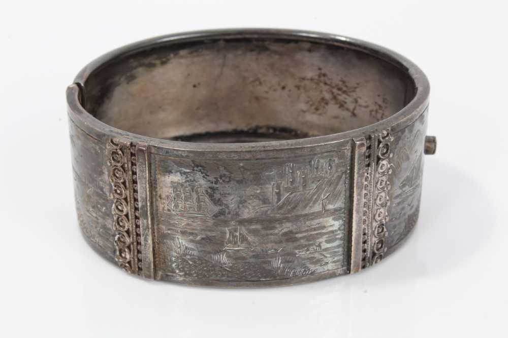 Two Victorian silver hinged bangles, one with applied and textured floral design, Birmingham 1883, t - Image 2 of 14