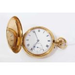 1920s Gentleman's 18ct gold Hunter pocket watch with stem wind three quarter plate movement , the 50