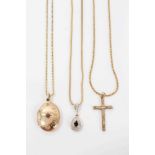 Three 9ct gold necklaces with 9 ct gold crucifix, locket and blue stone pendant - 22.5 grams