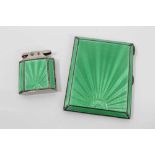 Silver and green guilloche enamel cigarette case and matching lighter