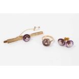 Suite of 9ct gold jewellery,comprising pair of earrings, ring and bar brooch, each with amethyst and