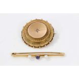 Victorian 9ct gold Etruscan revival circular target brooch and a 9ct gold sapphire and pearl bar bro