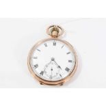 9ct gold open case pocket watch with white enamel dial, Roman numeral markers and subsidiary seconds