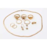 18ct gold signet ring, 9ct gold bracelet, four 9ct gold rings, and gold earrings